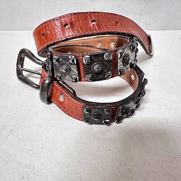 Black Leather Studded Belt Metal Size Small Waist 23-28" Repoussé Punk Rock VTG - Picture 3 of 7